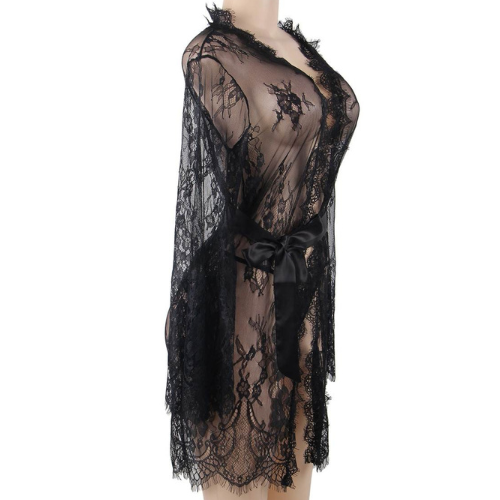 Stunning Pure Lace Gorgeous Gown with Thong and Silk Belt (Black)