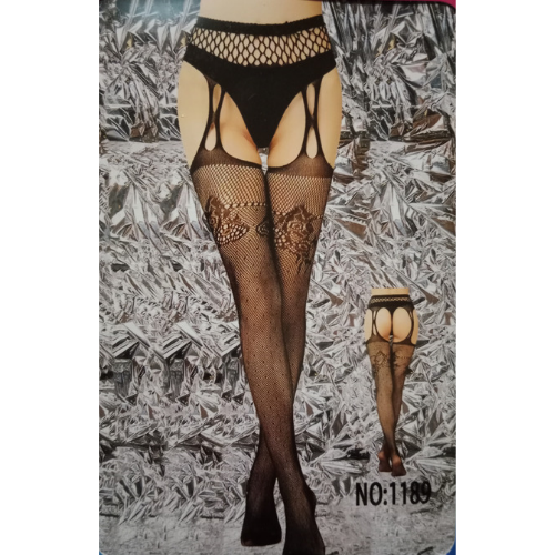 Fishnet Crotch Less Pantyhose with Garter Belt and Floral Detail