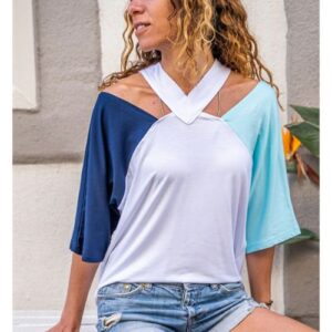Navy and Blue Blocked Open Shoulder T-Shirt