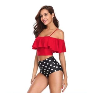 Red Off The Shoulder Ruffle Top with High Waist Polka Dot Bottoms Bikini