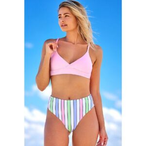 Solid Pink Top and Striped Bottom Bikini