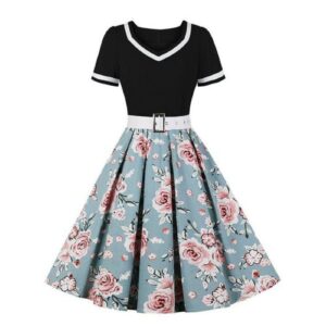 Vintage Black Bodice Floral Print Skirt Midi Dress