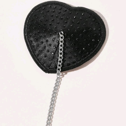 Heart Rhinestone Nipple Pasties with Connecting Chain (Black) - Close Up