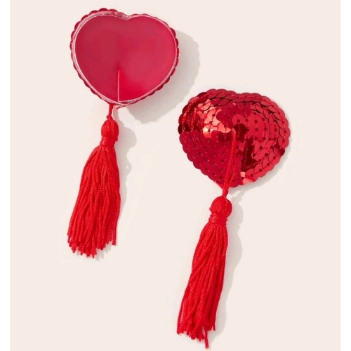 Heart Sequin Nipple Pasties with Tassels (Red) - Back and Front