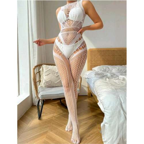 Hollow Out Detailed Fishnet and Mesh Crotchless Body Stocking (White)