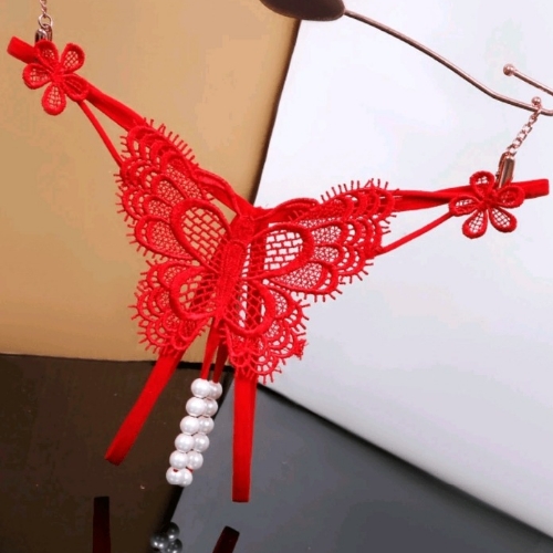 Lace Embroidered G String With Pearls Red Sarita Inc