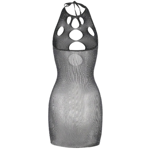 Multi Front Peephole Rhinestone Decorated Mesh Body Stocking Dress - No Model Back