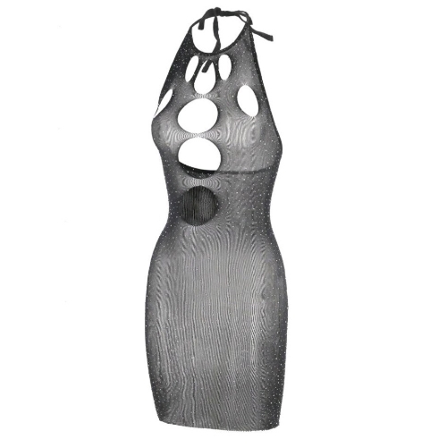 Multi Front Peephole Rhinestone Decorated Mesh Body Stocking Dress - No Model Side