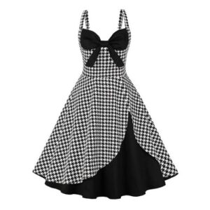 Vintage 1950s Hounds Tooth Sweetheart Neckline and Bow Knot Swing Dress