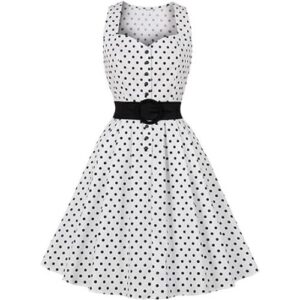 Vintage Polka Dot Sleeveless Midi Dress with Sweetheart Neckline and Button Bodice