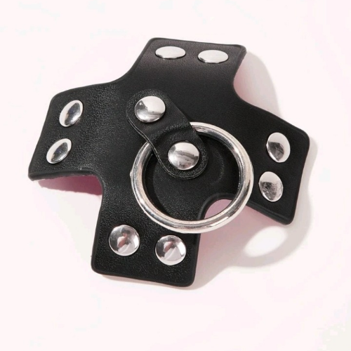 X-Shaped PU Leather Nipple Pasties with Studs and Ring Detail (Black) - Close Up