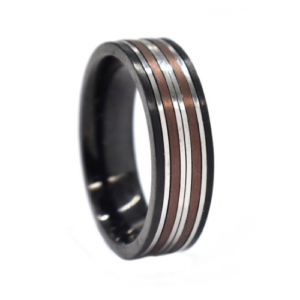 Black Stainless Steel Ring with Brown and Silver Lines (Size T)