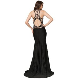 High Neck Embroidery Detail Backless Dress (Black)