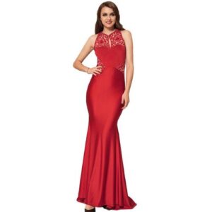 High Neck Embroidery Detail Backless Dress (Red)