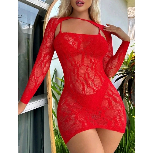 Sexy-Floral-Detailed-Mesh-Body-Stocking-Dress-with-Jacket-Red-Front-Close-Up.jpg - Sarita-Inc Sarita-Inc -