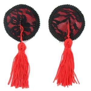 Sarita-Inc - Black Lace Overlay Nipple Pasties with Red Tassels