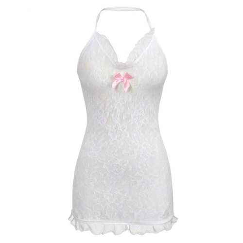 Detailed Mesh Halter Neck Body Stocking Dress with Pink Bows - No Model Front - Sarita-Inc Sarita-Inc - Detailed Mesh Halter Neck Body Stocking Dress with Pink Bows - No Model Front