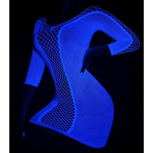 Fishnet Cut Out Front and Back Body Stocking Dress Glowing Blue - Front Side - Sarita-Inc Sarita-Inc - Fishnet Cut Out Front and Back Body Stocking Dress (Glowing Blue) - Front Side