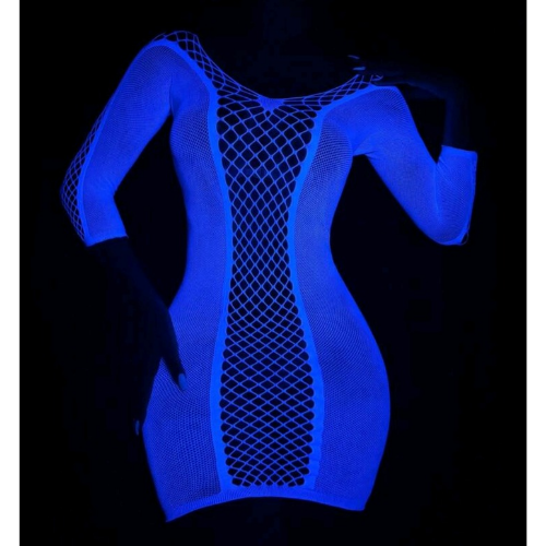 Fishnet Cut Out Front and Back Body Stocking Dress Glowing Blue - Front - Sarita-Inc Sarita-Inc - Fishnet Cut Out Front and Back Body Stocking Dress (Glowing Blue) - Front