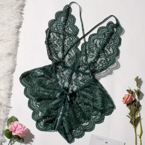 Lace Teddy with Crisscross Back Straps Dark Green - Back - Sarita-Inc Lace Teddy with Crisscross Back Straps (Dark Green) - Back