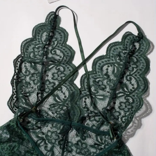 Lace Teddy with Crisscross Back Straps Dark Green - Straps Back - Sarita-Inc Lace Teddy with Crisscross Back Straps (Dark Green) - Straps Back