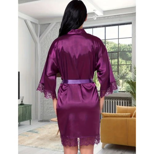 Lace Trimmed Short Robe Purple - Back - Sarita-Inc Lace Trimmed Short Robe (Purple) - Back
