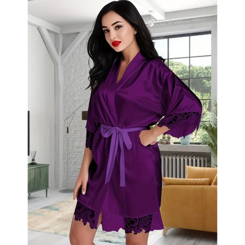 Lace Trimmed Short Robe Purple - Front Side - Sarita-Inc Lace Trimmed Short Robe (Purple) - Front Side