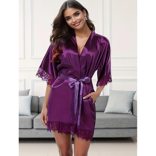 Lace Trimmed Short Robe Purple - Sarita-Inc Lace Trimmed Short Robe (Purple)