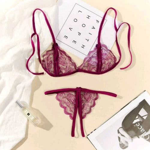 Sexy Triangular Lace set with Crotch Less Section - Back - Sarita-Inc Sexy Triangular Lace set with Crotch Less Section - Back