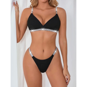 Sarita-Inc - Silver Detailed Straps Sexy Bra and Bottom Set (Black)