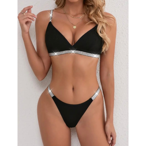 Silver Detailed Straps Sexy Bra and Bottom Set (Black) - Front - Sarita-Inc Sarita-Inc - Silver Detailed Straps Sexy Bra and Bottom Set (Black) - Front