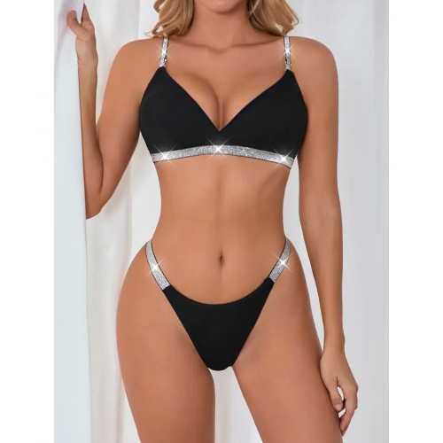 Silver Detailed Straps Sexy Bra and Bottom Set (Black) - Sarita-Inc Sarita-Inc - Silver Detailed Straps Sexy Bra and Bottom Set (Black)