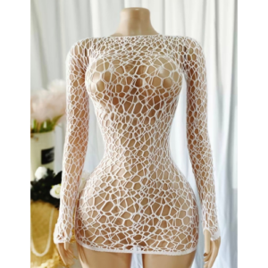 White Spider Web Body Stocking Dress with Long Sleeves