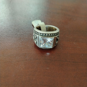 Square Center CZ Sterling Silver Ring with Side Detail (Size O)
